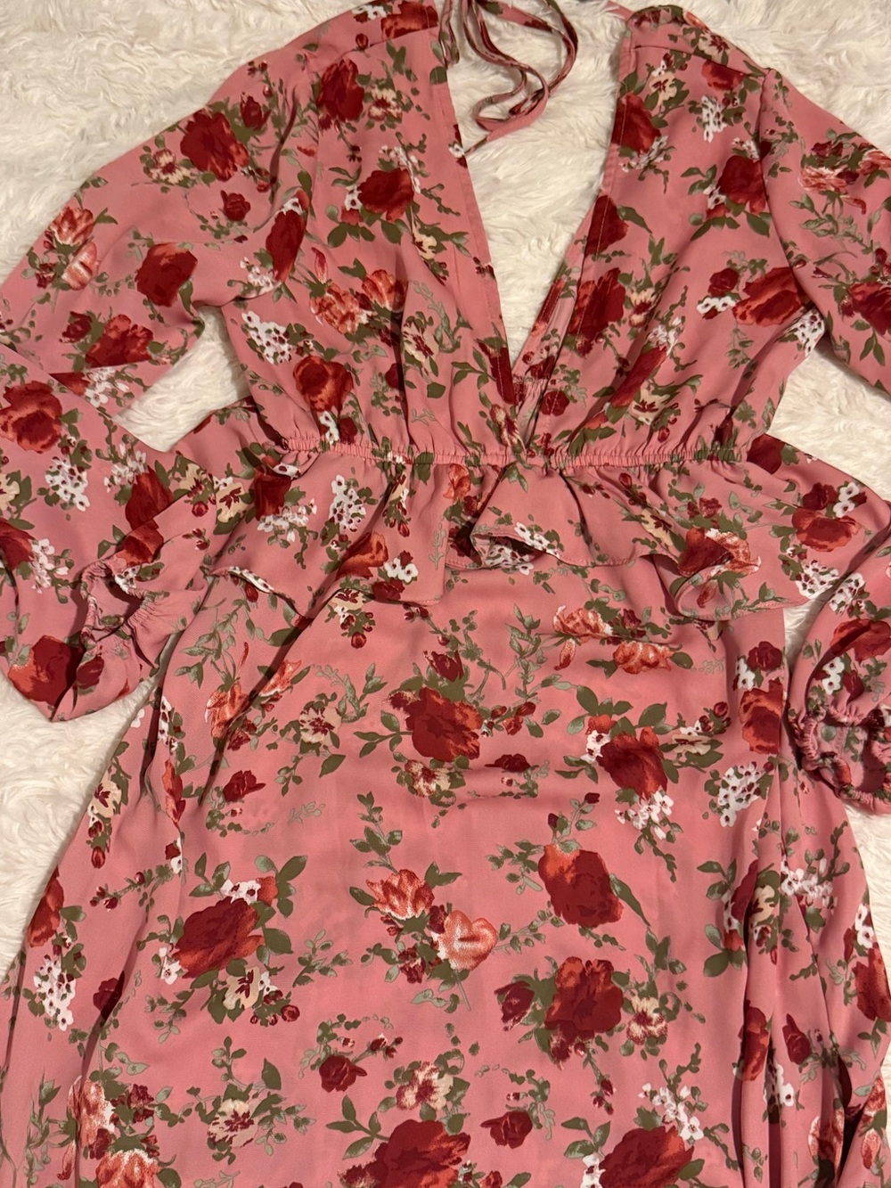 Boohoo size 4 floral ruffled burgundy pink maxi dress with slits on sides boho - Picture 2 of 11